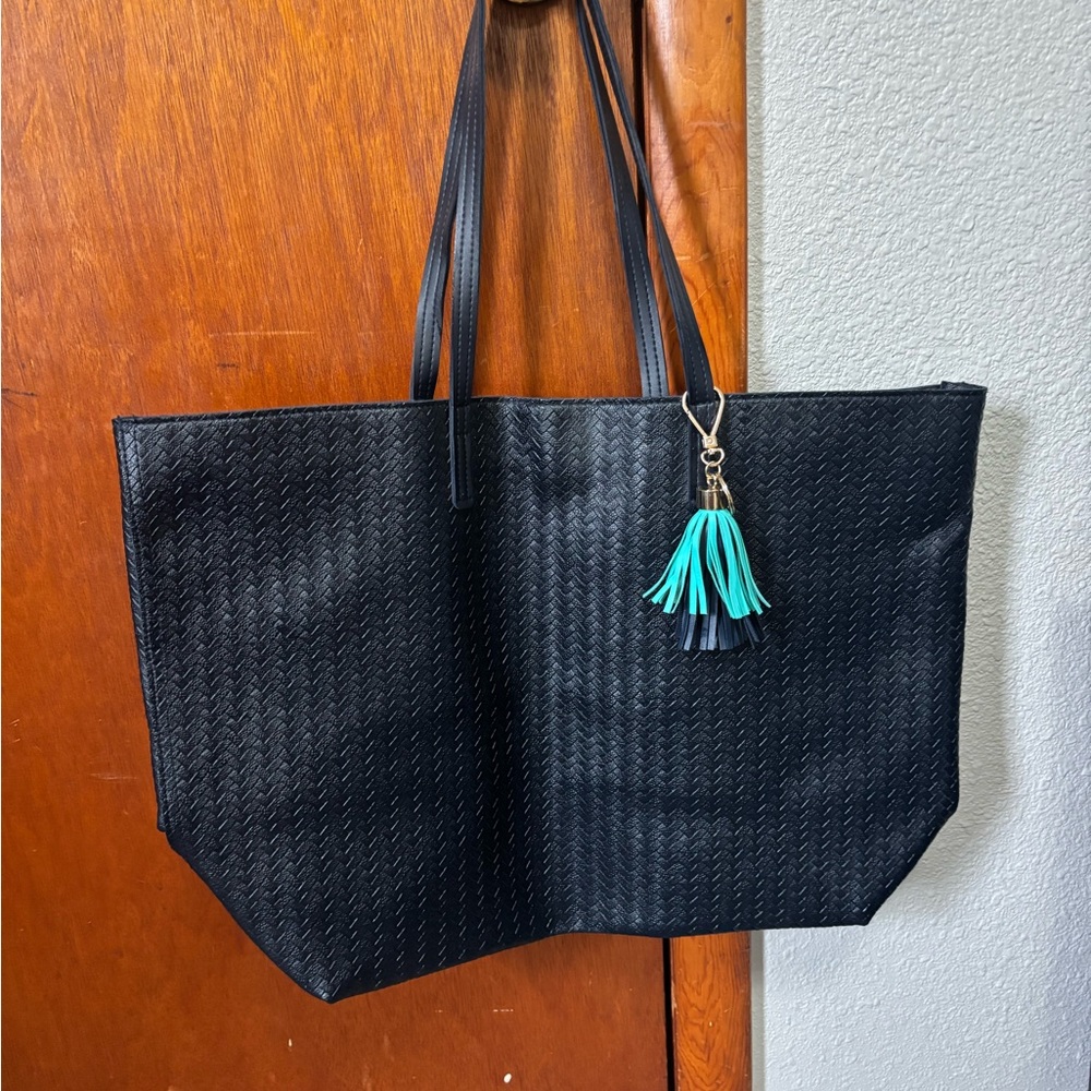 Black Tote Bag with Tassel Accent